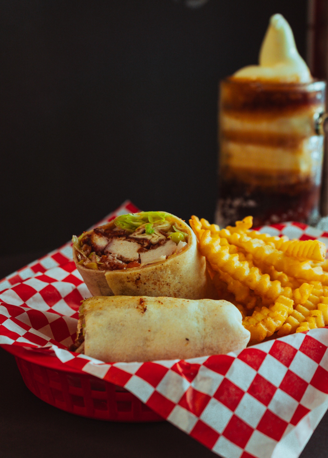 Chicken wrap with crinkle fries and a root beer float